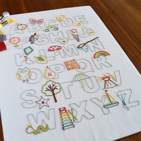 ABC, a modern hand embroidery pattern for a new baby nursery or child's bedroom alphabet