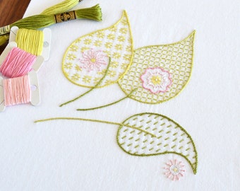 Leaves Blow, a PDF embroidery pattern in fresh, spring colours