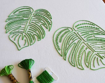 Wzór haftu Monster Leaves. Pyszny potwór, Monstera deliciosa, wzór rośliny sera szwajcarskiego (wzór PDF)