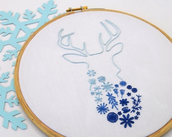 Stag hand embroidery pattern, a woodland deer design for winter and the holidays