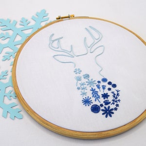 Stag hand embroidery pattern, a woodland deer design for winter and the holidays
