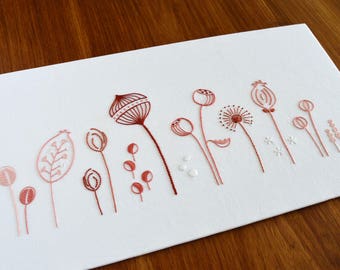 Wild Pods, an embroidery pattern of seed casings, husks and burrs found in nature