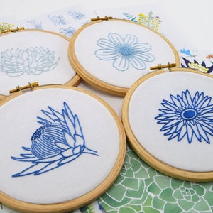 Blue Flora hand embroidery pattern for 4 fresh and contemporary flower designs image 1