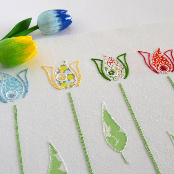 Tulips hand embroidery pattern, a contemporary design with some embroidered appliqué
