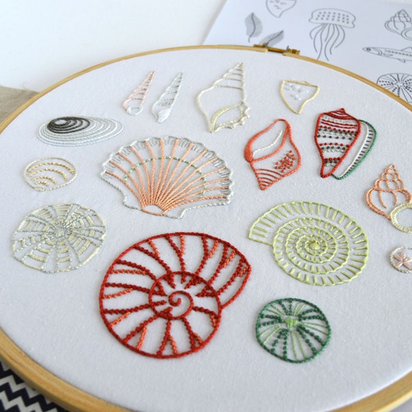 Shells embroidery pattern for 15 seashell designs