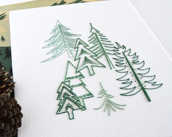 Pine Forest embroidery pattern, a minimalist design for nature walks, hikers and contemporary seasonal decor