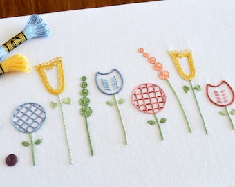 Crewel Blooms embroidery pattern. A design of small flowers using Jacobean embroidery techniques (PDF pattern)