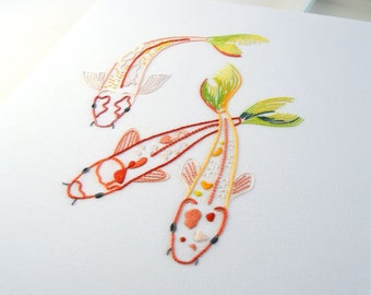 Koi Fish, a modern embroidery pattern of the colourful carp found in ponds and water gardens
