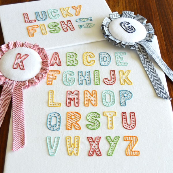 Lucky Fish Lettering, a modern embroidery pattern of fun lettering for kids and adults + rosettes sewing pattern