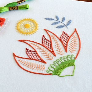 Burnesque embroidery pattern, a modern take on crewel and Jacobean design and stitching techniques