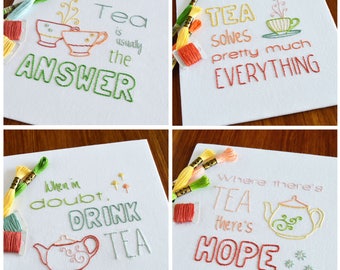 Loves Tea, 4 comforting embroidery patterns for tea drinkers, perfect for kitchens, tea towels and aprons