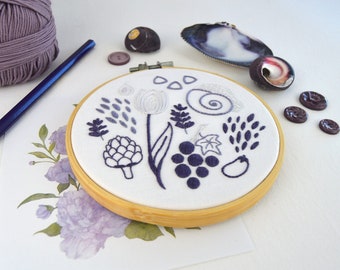 Purple rainbow hoop, a fun embroidery pattern filled with miniatures from life and popular culture