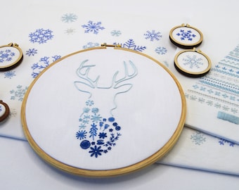 Winter Wonder embroidery pattern bundle. 3 designs for a stag, tree and snowflakes (PDF pattern)