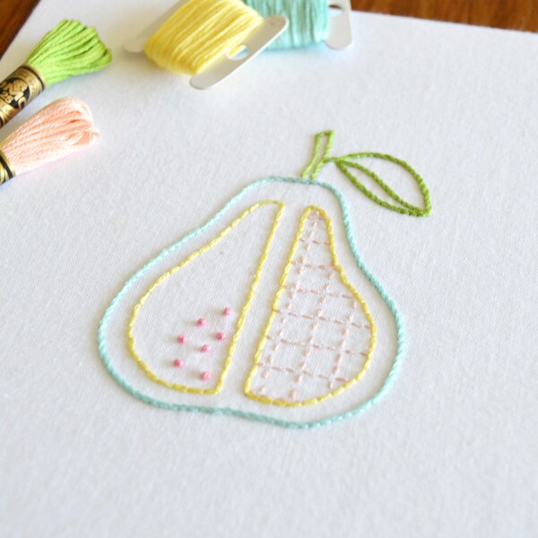 Cleaver Pear, a modern hand embroidery pattern of fruit