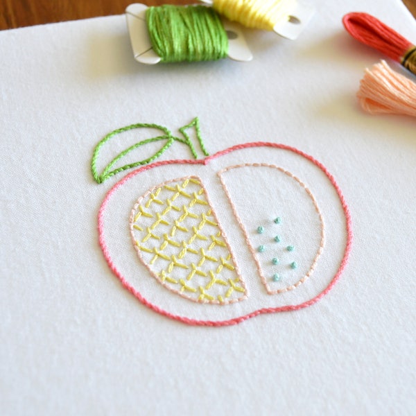 Apple Slice, a modern hand embroidery pattern of fruit