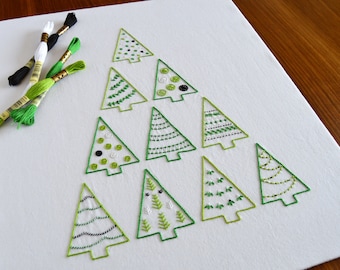 Tree Stack hand embroidery pattern for 10 Christmas trees, to stitch as is or split up and use individually