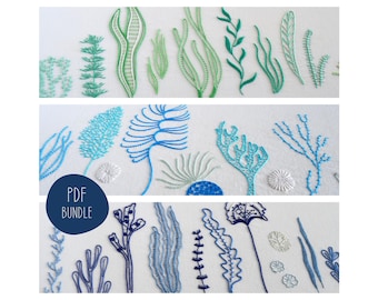 Wild Ocean, 3 hand embroidery patterns for coral, kelp and seagrass. Under sea designs that are modern, unique and full of great stitches