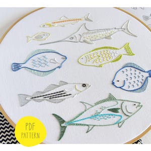 Shoal hand embroidery pattern for eight realistic fish. To stitch as is or split up into smaller, individual fish designs