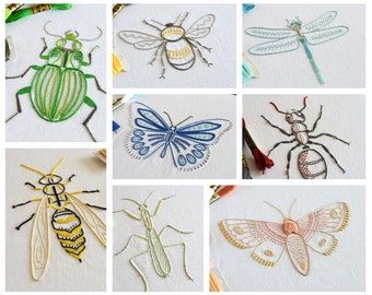 Anatomical Insects, 8 designs in one embroidery pattern for a lifelike ant, bee, beetle, butterfly, dragonfly, mantis, moth and wasp
