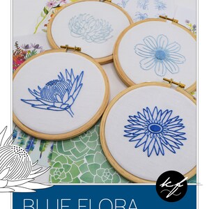 Blue Flora hand embroidery pattern for 4 fresh and contemporary flower designs image 6