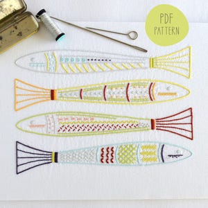 Skinny Fish hand embroidery pattern. Four colourful fish embroidered with a great selection of stitches