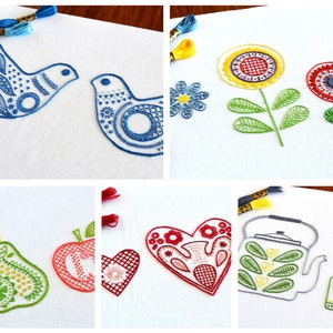 Scandi Designs, 5 fresh embroidery patterns for birds, flowers, fruit, hearts and tea in Scandinavian style