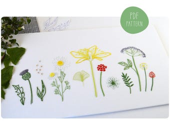 Patrón de bordado de hierbas silvestres, un diseño de boticario con plantas de prado y remedios naturales (patrón en PDF)