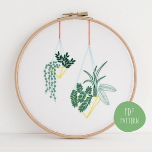 Hanging Planters, a hand embroidery pattern of house plants in minimalist hanging pots  for hoop art, home and desk decor and housewarmings