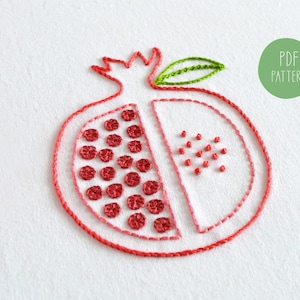 May include: Embroidered design of a red pomegranate with green leaves. The pomegranate is split in half, showing the seeds inside.