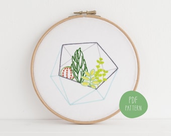 Patrón de bordado de terrario de plantas, un jardín en miniatura para arte en bastidor, decoración del hogar y del escritorio, y regalos de inauguración de casa (patrón en PDF).