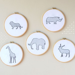 B+W Safari embroidery pattern for a buck, elephant, giraffe, lion and rhino from Africa
