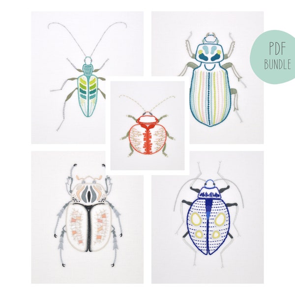 Beetles, 5 hand embroidery patterns for lifelike bug insects