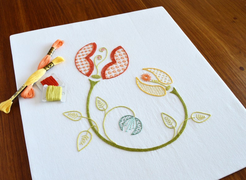 Buds of May hand embroidery pattern, an elegant modern botanical design image 1