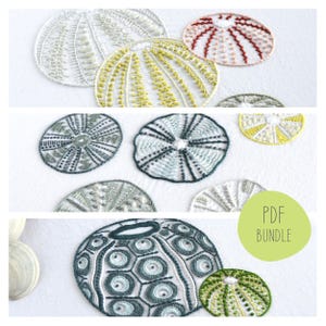 May include: Embroidered sea urchin designs in white, yellow, red, and shades of green and blue. The detailed stitching creates intricate patterns. The image features a "PDF BUNDLE" graphic. The designs are displayed on a white background.