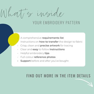 May include: A blue and yellow graphic with the text "What's inside YOUR EMBROIDERY PATTERN". The text below lists the contents of an embroidery pattern: a comprehensive requirements list, instructions on how to transfer the design to fabric, crisp, clean and precise artwork for tracing, clear and easy to follow instructions, helpful embroidery tips, full-color reference photos, and support before and after you've bought. The text "FIND OUT MORE IN THE ITEM DETAILS" is at the bottom of the graphic.