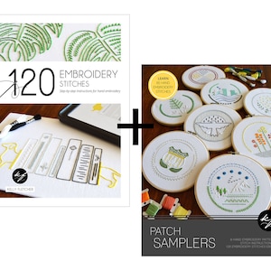 120 Embroidery Stitches + Patch Samplers, a how-to stitch guide and hand embroidery samplers to learn embroidery