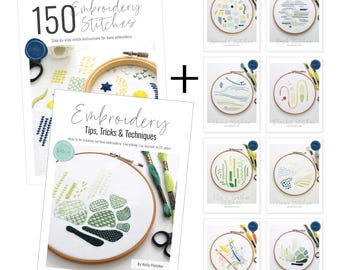 The ultimate embroidery bundle. Learn 150 stitches and how to do embroidery with 8 sampler patterns (digital download)