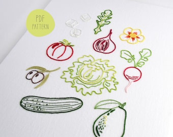 Patrón de bordado de ensaladera, 10 diseños de alimentos de cocina para ingredientes frescos (patrón en PDF)