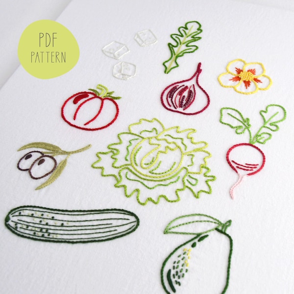 Patrón de bordado de ensaladera, 10 diseños de alimentos de cocina para ingredientes frescos (patrón en PDF)