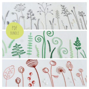 Wild Nature, 3 modern embroidery patterns for grass, ferns and seed pods from the forest, meadow and prairie