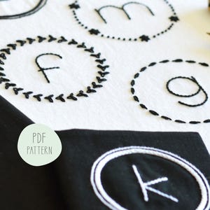 May include: A close-up of a white fabric with black embroidery of letters in circles. The letters are F, M, G, and K. The fabric is on a black surface with a white circle around the letter K.