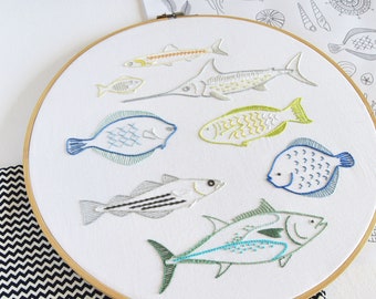 Shoal hand embroidery pattern, a modern embroidery PDF pattern for eight fish