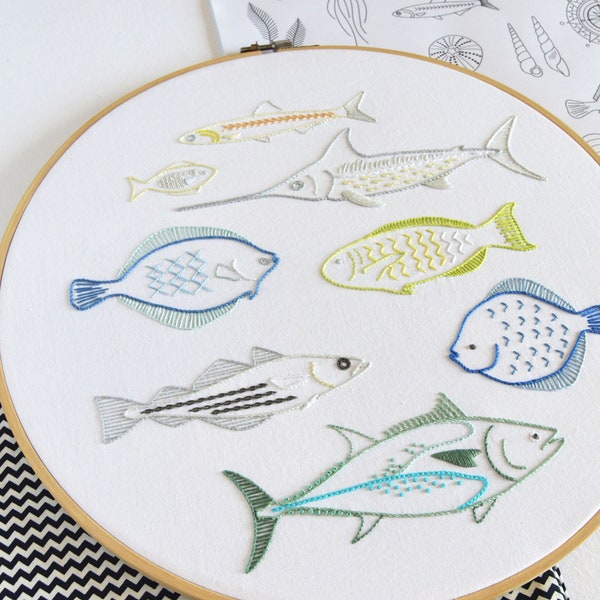 Shoal embroidery pattern for eight realistic fish designs