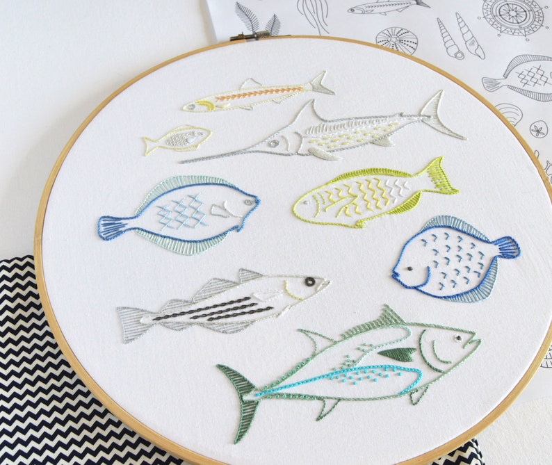 Shoal embroidery pattern for eight realistic fish designs image 1