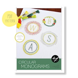 May include: A PDF pattern for circular embroidery monograms. The pattern includes designs for a full alphabet. The image shows four examples of monograms with the letters A, B, S, and W. The monograms are stitched in green, yellow, and red thread.