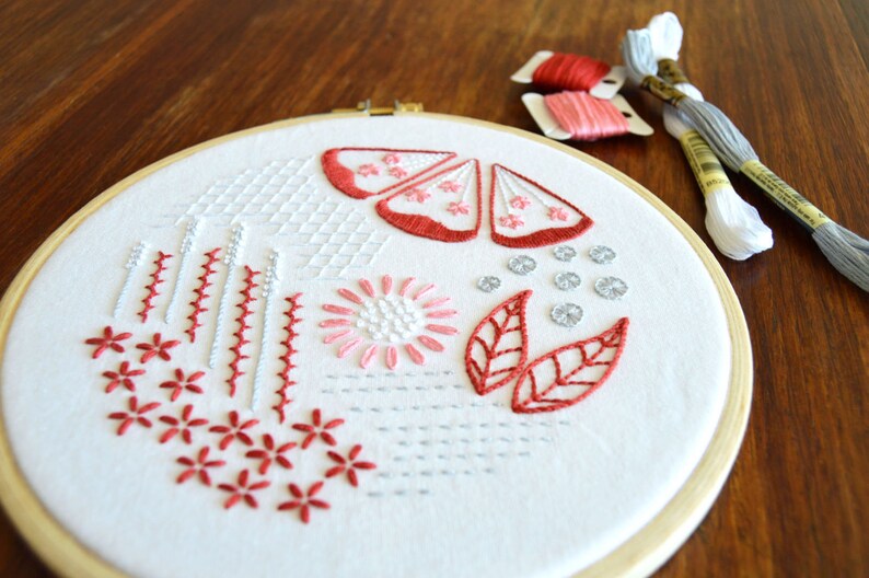 Mock Redwork hand embroidery pattern, a modern design filled with interesting stitches image 1