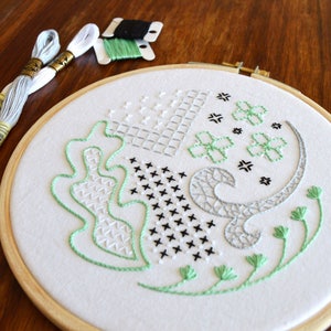 Mock Blackwork hand embroidery pattern, a contemporary design filled with interesting stitches