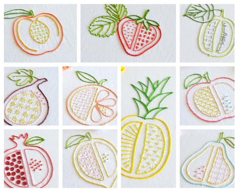 Chopped Fruit, 10 juicy designs in one PDF embroidery pattern image 1