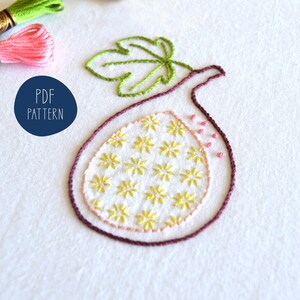 Puede incluir: Diseño de higo bordado sobre tela blanca. El higo está delineado con hilo rojo oscuro, con un patrón floral rosa y amarillo en el interior. También se ve una hoja verde y el texto "PDF PATTERN".