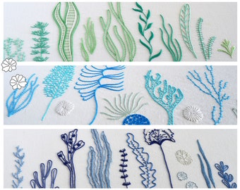 Wild Ocean, 3 coastal embroidery patterns for coral, kelp and seagrass from under the sea